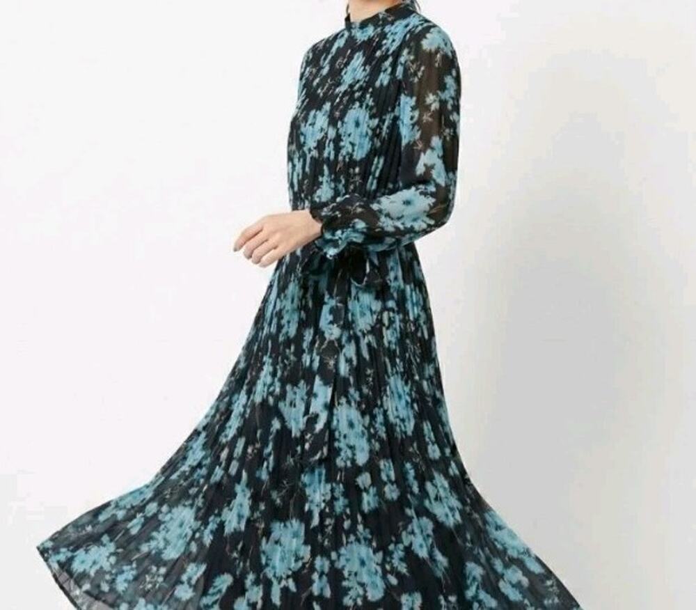Zara Pleated Floral Midi Dress Blue Black Long Sleeve Small